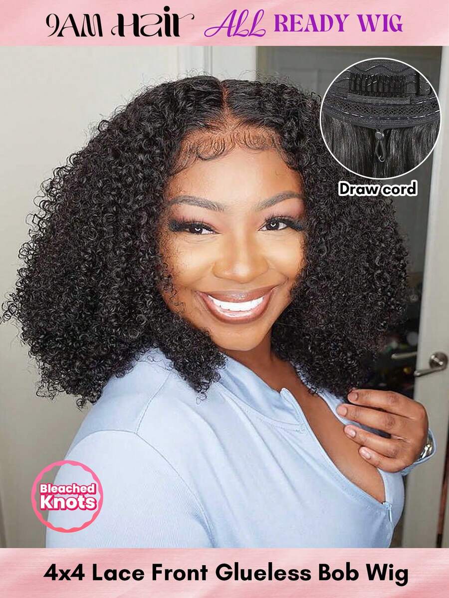 ALL READY WIG 非洲捲縮捲無膠波波假髮,可調節彈性抽繩人髮蕾絲假髮,女用全就緒假髮,預漂白、預拔髮、預剪蕾絲融化 4x4 蕾絲封口無膠假髮,含前髮,100%人髮 - Natural Black - 查看 1