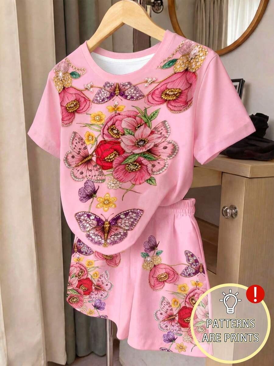 2件套女童碎花套装，舒适百搭的休闲套装，带有刺绣和蝴蝶图案，适合女孩春、夏、秋、冬四季穿着。