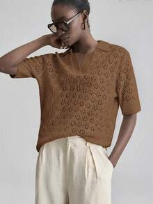 Ontre Elegant Versatile Lapel Hollow Knit Short Sleeve Top - Brown - View 2