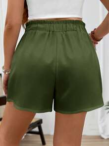 EMERY ROSE Plus Size Army Green Solid Paperbag Ruffle Drawstring Elastic High Waist Patch Pocket Loose Wide Leg Summer Casual Shorts For Women Vacation - Multicolor - View 2