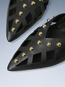 CUCCOO GRLICON Spice Girl Fried Street, Metal Rivets, Black Hollow Flat Shoes, Holiday Atmosphere, Summer Wear, A Must For Travel, Y2K - Black - View 7