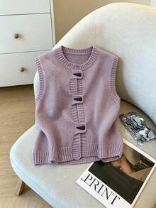 EMERY ROSE Plus-Size Women's Spring/Fall Casual Style: Simple, Versatile, And Feminine. Light Purple, Soft And Plush Textured Knit. Horn Button, V-Neck, Loose-Fitting Plus-Size Knit Vest. Perfect For Spring And Fall. - Purple - View 6