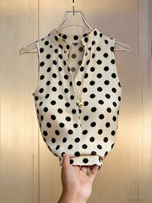 GlowEve CURVE Women's Summer Casual Elegant Vintage Polka Dot Versatile Sleeveless Blouse Plus Size Shirt Office Beige - Multicolor - View 3