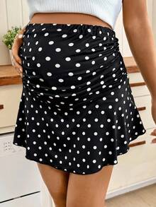 SHEIN Saia Plissada com Estampa de Poá, Estilo Casual Elegante de Férias, para Uso Diário e Deslocamento, para Gestantes no Verão - Preto e Branco - Visão 5