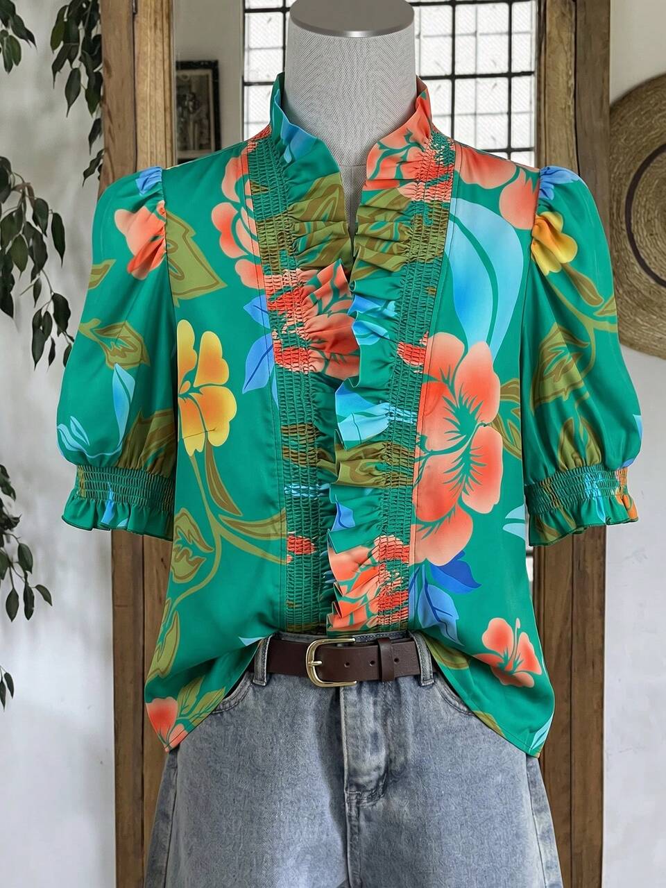 Plus Size Women's Summer Beach Vacation Tropical Plant Print Puff Short Sleeve Ruffle Loose Blouse Summer Tops Spring Country Style For Women