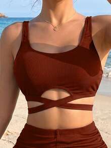 Swim Basics 女士纯色比基尼和短裤两件套泳衣 - 棕色 - 查看 5