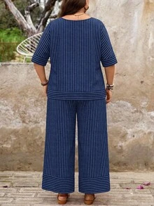 SHEIN LUNE Nautical Striped Shirt And Pants 2 Pieces Set, Plus Size Fall - Multicolor - View 2