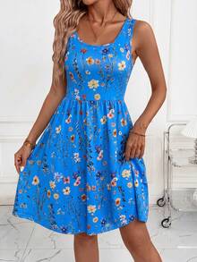 SHEIN Clasi Váy nữ mới thanh lịch cổ chữ U, chiết eo tôn dáng, họa tiết hoa, phù hợp mặc đi du lịch và mặc hàng ngày - Màu xanh lam - Xem 6