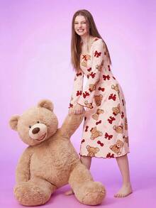 Notgurli Cute Cartoon Bear & Bow Knit Jacquard Women Sleep Dress Teddy Bear Pink Cute Sleepwear Pajama Dress, Fall & Winter - Multicolor - View 1