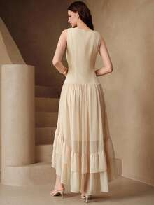 Arave Women's Woven Summer Sleeveless Deep V-Neck Waist-Defining Slimming Decorative Button Hem Multi-Layer Ruffle Fishtail Skirt Casual Design Mori Style Fresh Vacation Long Dress Summer Clothes - Apricot - View 3