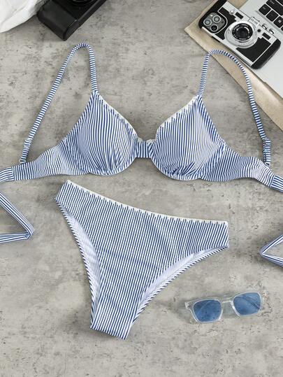 SHEIN Swim 2026春夏新款時尚條紋印花性感露背細肩帶比基尼兩件式海灘泳衣套裝