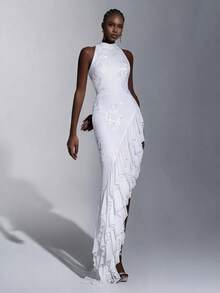 Elitara Vestido de Noche Formal Elegante Minimalista con Bordado de Cinta, Volantes Asimétricos y Hombros Descubiertos, Blanco, para Boda, Gala y Primavera - Blanco - Ver 1