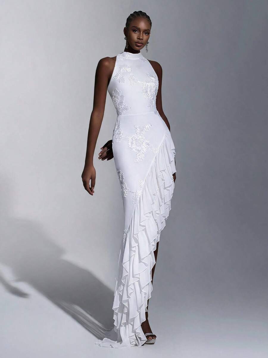 Elitara Vestido de Noche Formal Elegante Minimalista con Bordado de Cinta, Volantes Asimétricos y Hombros Descubiertos, Blanco, para Boda, Gala y Primavera - Blanco - Ver 1