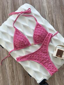 Swim Vcay SHEIN Bộ đồ bơi hai mảnh nữ đi biển mùa xuân/hè, màu trơn, áo tam giác không gọng cổ yếm buộc sau lưng và quần bikini, phong cách gợi cảm cho kỳ nghỉ - Màu Hồng  Dưa hấu - Xem 1