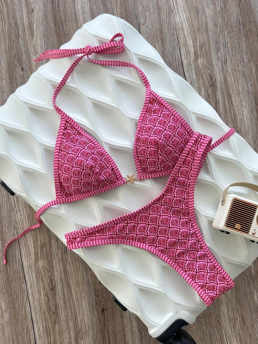 Swim Vcay SHEIN Bộ đồ bơi hai mảnh nữ đi biển mùa xuân/hè, màu trơn, áo tam giác không gọng cổ yếm buộc sau lưng và quần bikini, phong cách gợi cảm cho kỳ nghỉ - Màu Hồng Dưa hấu - Xem 1