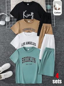 SHEIN 8pcs/Set Kaos dan Celana Pendek Kasual Longgar Bergambar Huruf untuk Anak Laki-Laki Remaja, Cocok untuk Berpergian, Sekolah, Santai Sehari-hari, Olahraga, Musim Semi/Panas - MultiWarna - View 3
