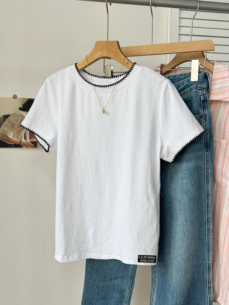 Tseoso 100 Pure Cotton Shell Embroidery Embroidered Versatile All-Match Casual Basic Sports Solid Color Crew Neck Short Sleeve T-Shirt, Suitable For Summer - White - View 1
