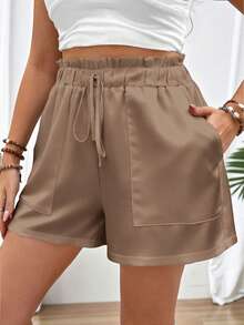 EMERY ROSE Celana Pendek Kasual Wanita Ukuran Besar Warna Khaki Polos Model Paperbag dengan Tali Serut dan Karet Pinggang Tinggi, Saku Tempel, Potongan Longgar dan Lebar, Cocok untuk Aktivitas Sehari-hari di Musim Panas - MultiWarna - View 4