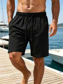 VENTUSAIL Men's Linen Casual Solid Color Drawstring Waist Shorts, Suitable For Summer For Men, Holiday - Black - View 5