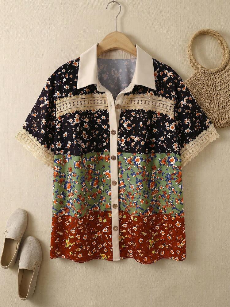 Plus Size Summer Contrast Color Ditsy Floral Print Front Button Spliced Ribbon Short Sleeve Shirt