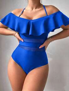 SHEIN Swim 女士纯色挂脖连体泳衣，适合海滩度假、泳池派对、沙滩派对 - 寶藍色 - 查看 4