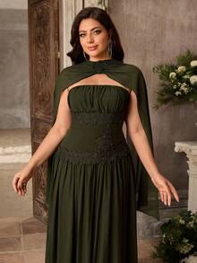 Aureia Plus Size Elegant Classy Olive Green Strapless Ruched Applique Shawl Asymmetrical A-Line Dress Wedding Formal Evening Dinner Winter - Army Green - View 5