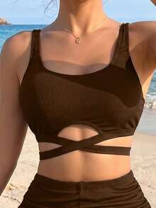 Swim Basics Women's Solid Color Minimalist Daily Swimwear Set - Brown - View 3