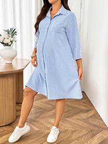 SHEIN 孕婦條紋落肩前扣休閒寬鬆夏季洋裝 - 藍白色 - 查看 5