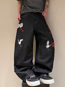 STEELVANCE Men's Streetwear Retro Fashion Versatile Embroidered Design Loose Straight Wide Leg Casual Denim Jeans - Black - View 6