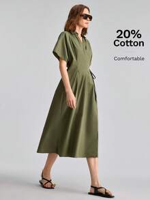 Ontre Women's Olive Green Morandini Color Series High-Quality Comfortable Fabric Summer Bohemian Elegant Style Casual Teachers' Day Outfits Office - Army Green - View 6