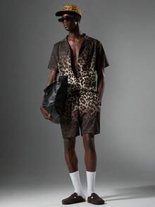 Salvezio 2pcs Set Men's Ombre Leopard Print Casual Oversize Full Print Short Sleeve Shirt & Matching Shorts - Multicolor - View 5