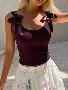 Joudiya Backless Bow-Tie Lace Up Short Sleeve Women's Slim Fit T-Shirt Going Out Tops Summer Halter Top - Burgundy - View 15