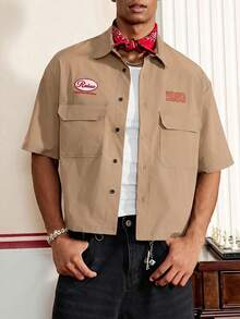 SWAVVY Men's Letter Print Short Sleeve Single-Breasted Cargo Pocket Shirt,Holiday,Summer - Khaki - View 3