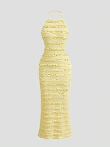 SHEIN Girlism 青少年女孩夏季淺黃色細肩帶蕾絲長洋裝，壓褶紋理面料，度假風，適合日常通勤、優雅、派對、約會、家庭聚會、畢業典禮、度假穿搭 - 黃色 - 查看 3
