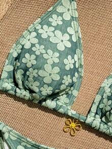 Bonvoyette 女款夏季海灘花卉印花掛脖綁帶性感比基尼三角泳褲兩件式泳衣套裝 - 綠色 - 查看 7
