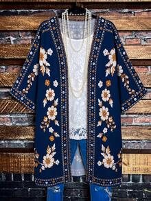 Rusticease Chaqueta abierta de mujer talla grande estilo casual de playa y vacaciones para primavera/otoño con estampado floral - Multicolor - Ver 7
