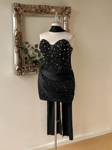 Lovelzi Elegantes romantisches Modekleid in Große Größen aus schwarzem Paillettenstoff und Satin-Patchwork, trägerlos, für Musikfestival, Geburtstagsparty, Hochzeitsevent, Nachmittagstee-Party, Cocktailparty - Schwarz - Übersicht 4