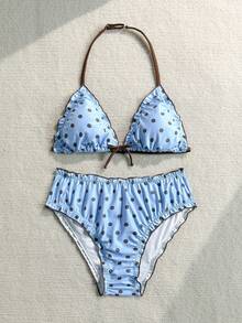 SHEIN Girlism Ensemble de maillot de bain bikini deux pièces tankini pour filles et adolescentes, nouveau style décontracté d'été pour vacances, bordure à volants, imprimé à pois bicolore, décoration de nœud, ensemble de vacances à la plage, vacances d'été, ensemble de vacances à la plage - Bleu ciel - Voir 5