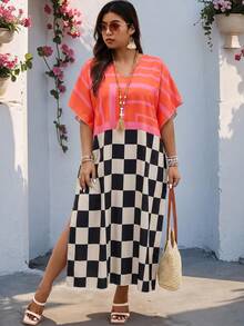 SHEIN LUNE Plus Size Women's Checkerboard Geometric Print V-Neck Loose Casual Dress - Multicolor - View 5