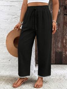 EMERY ROSE Plus Size Women's Black Loose Striped Casual Pants With Contrast Color Machine-Knitted Shell Flower Special Craft, Drawstring Waist And Ruffle Hem - Black - View 4