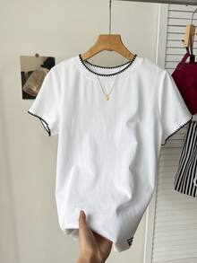 Tseoso 100 Pure Cotton Shell Embroidery Embroidered Versatile All-Match Casual Basic Sports Solid Color Crew Neck Short Sleeve T-Shirt, Suitable For Summer - White - View 7