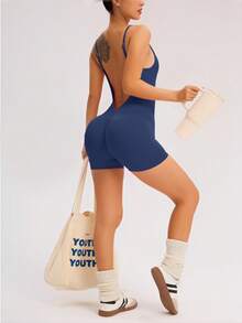 Slayform Solid Color Backless Camisole Sports Jumpsuit Gym One Piece Set One Piece Workout Set Compression Fit Yoga One Piece Compression Fit One Piece - Navy Blue - View 5