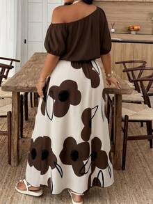 Weeklong Plus Size Women's Vacation Floral Print Asymmetrical Shoulder Short Sleeve Elegant Dress - Multicolor - View 2