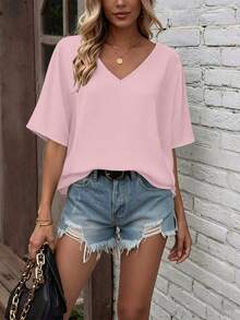 EMERY ROSE Women's Solid Color V-Neck Batwing Sleeve Summer Casual Shirt, Vacation Style Plus Size Blouse - Pink - View 3