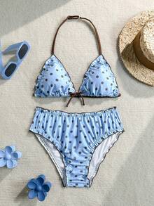 SHEIN Girlism Ensemble de maillot de bain bikini deux pièces tankini pour filles et adolescentes, nouveau style décontracté d'été pour vacances, bordure à volants, imprimé à pois bicolore, décoration de nœud, ensemble de vacances à la plage, vacances d'été, ensemble de vacances à la plage - Bleu ciel - Voir 4