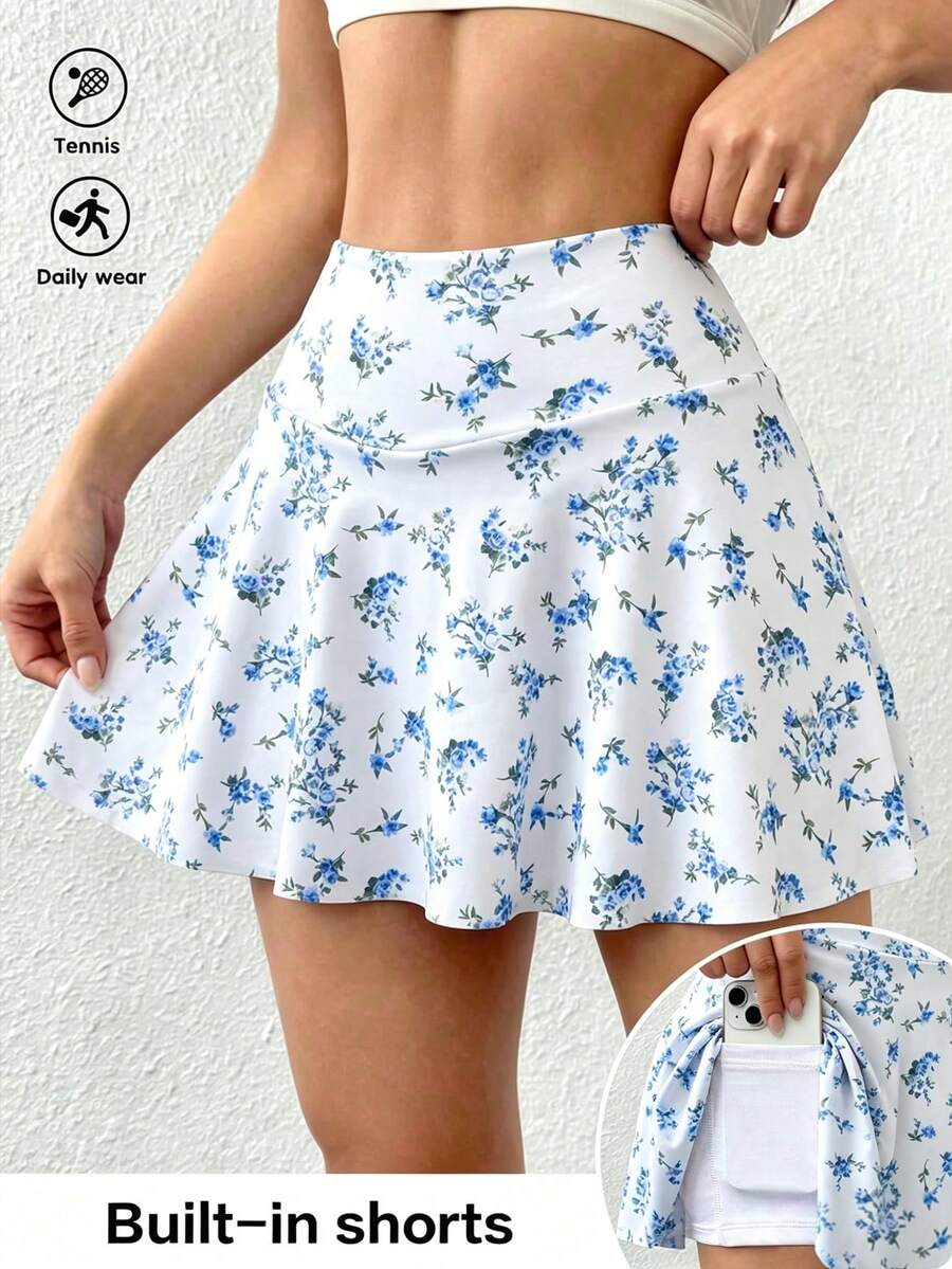 SHEIN Sovereign Charm 女款花卉印花口袋休閒百搭日常出遊運動裙褲 - 彩色 - 查看 1