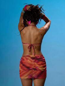 MUSERA Halterneck Ruched Bust Drape Over Waist Tie Back Detail Fitted Mesh Mini Dress Summer Sexy Going Out Beach Holiday Ibiza Club Tropical Fever - Hot Pink - View 4