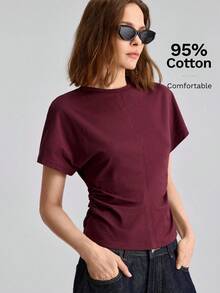 Ontre 女款磚紅色舒適布料修身梯形輪廓圓領四季通用波希米亞風度假海邊T恤 - 鏽棕色 - 查看 3