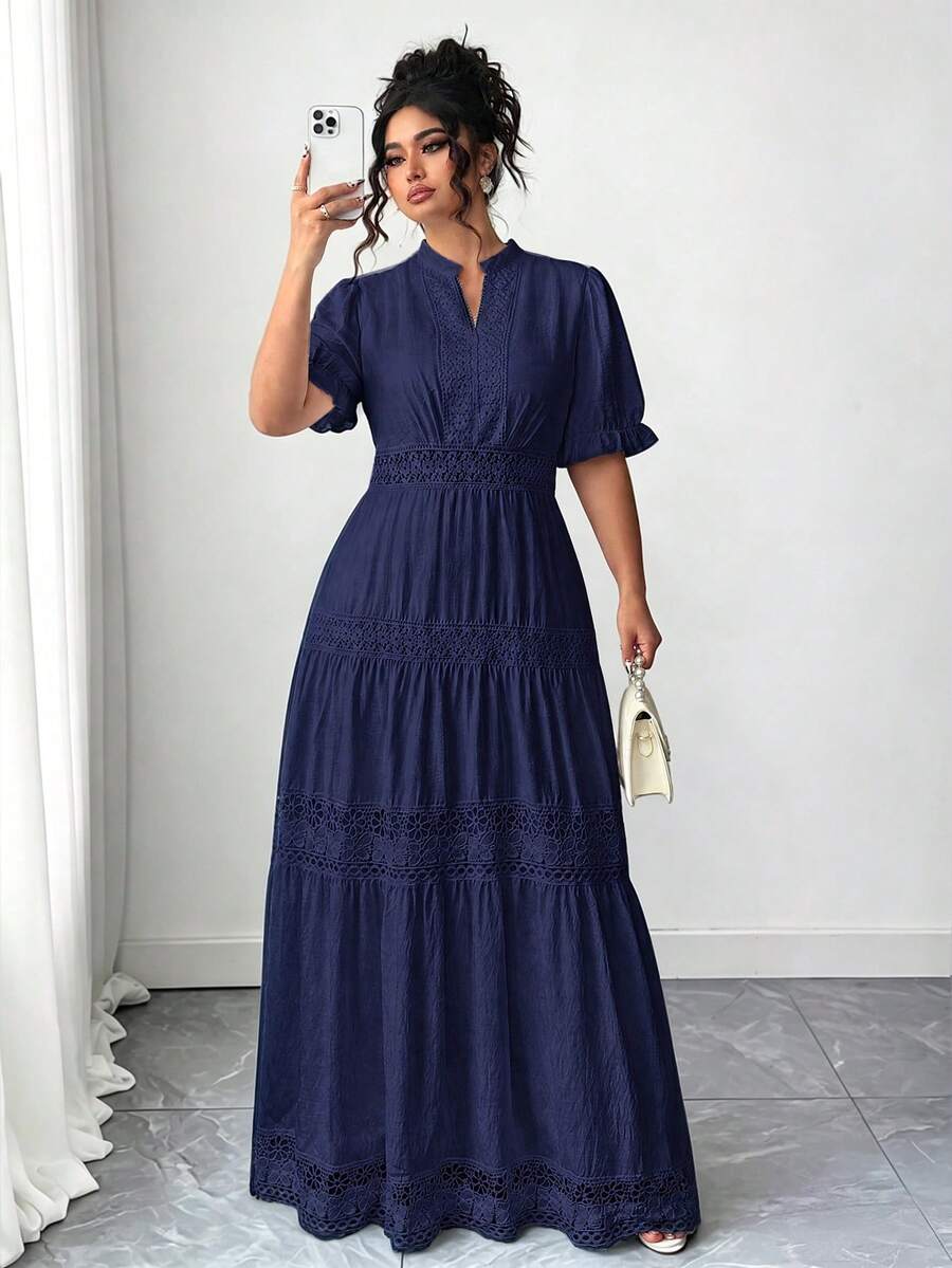 SHEIN Tall Plus Size Women's Hollow Lace Trim Vacation White Goddess Waist Flattering V-Neck French Style Beach Dress - Navy Blue - View 1