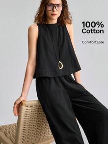 Ontre Bộ đồ nữ màu đen thoải mái chất liệu vải cao cấp gồm áo ôm và quần ống đứng cạp chun, phong cách Bohemian phù hợp đi biển, lễ hội âm nhạc, phong cách phương Tây, thường ngày, công sở, đi làm, trang phục sân bay cao cấp - màu đen - Xem 1